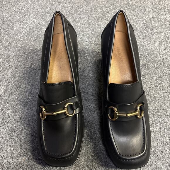 Nine West Women’s 8.5 Black Slip-On Block Chunky Heel Gold Chain Loafers Shoes - Picture 2 of 8